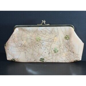 Vtg Clutch Handbag Kiss Lock Vinyl Hinged Pink w/Gold 4 Leaf Clovers